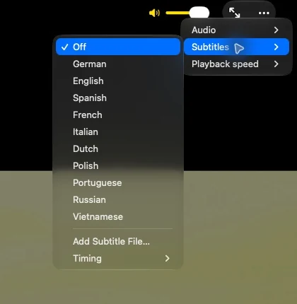 kurtz’s actual subtitle menu with embedded language choices and the external subtitle command.
